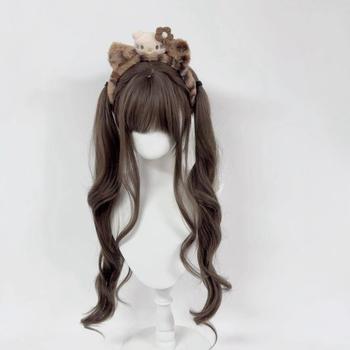 Perucă Lolita în stil japonez pentru femei, păr lung buclat cu două cozi, fibre sintetice rezistente la temperaturi înalte, capă cu mecanism, breton drept sau înclinat