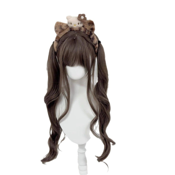 Perucă Lolita în stil japonez pentru femei, păr lung buclat cu două cozi, fibre sintetice rezistente la temperaturi înalte, capă cu mecanism, breton drept sau înclinat