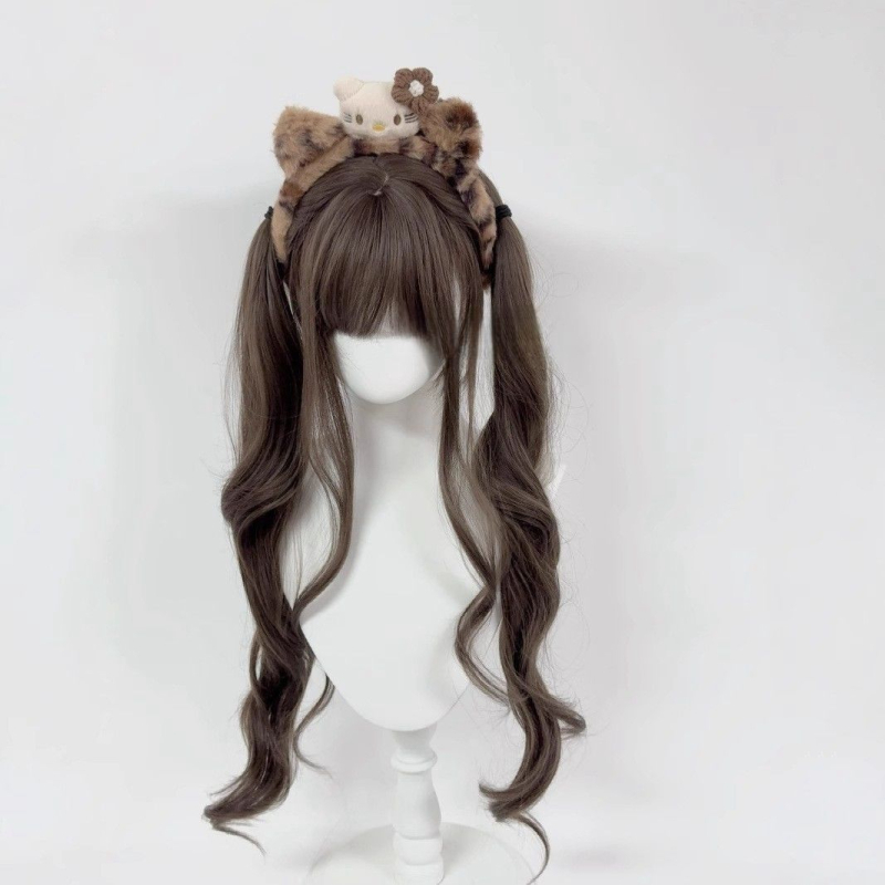 Perucă Lolita în stil japonez pentru femei, păr lung buclat cu două cozi, fibre sintetice rezistente la temperaturi înalte, capă cu mecanism, breton drept sau înclinat