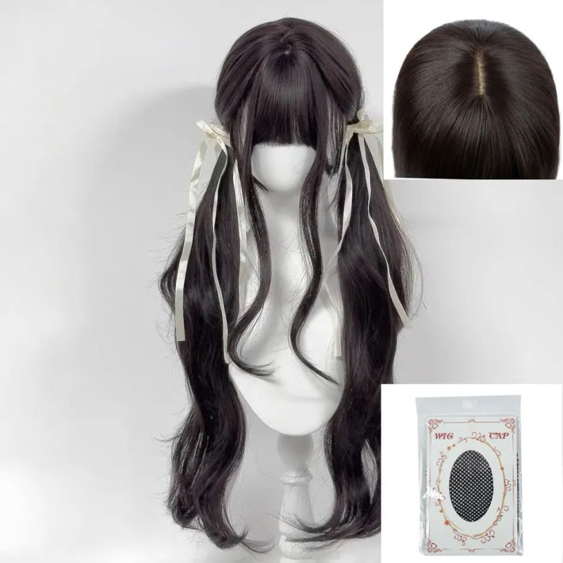 Perucă Lolita în stil japonez pentru femei, păr lung buclat cu două cozi, fibre sintetice rezistente la temperaturi înalte, capă cu mecanism, breton drept sau înclinat