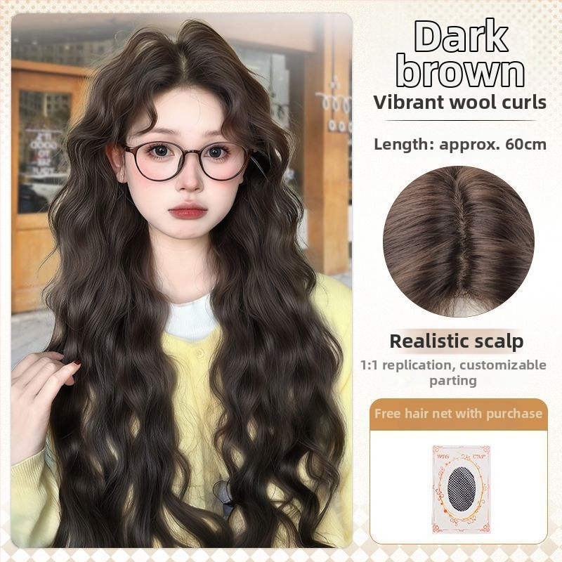Dámska dlhá kučeravá parochňa, ručne vyrobená, vysokoteplotná vlákna, šikmé ofinny, model YK001