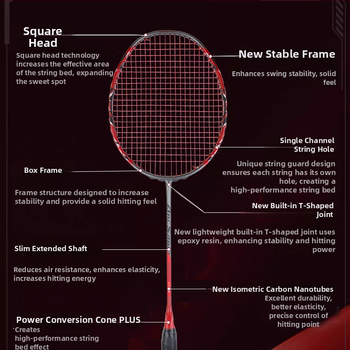 Bedmintonová raketa – ofenzívny model, rám z karbónových vlákien, hmotnosť 80–84 g, technológia Mid-Shaft Foam, hrúbka úchopu G5