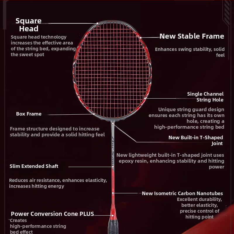 Bedmintonová raketa – ofenzívny model, rám z karbónových vlákien, hmotnosť 80–84 g, technológia Mid-Shaft Foam, hrúbka úchopu G5