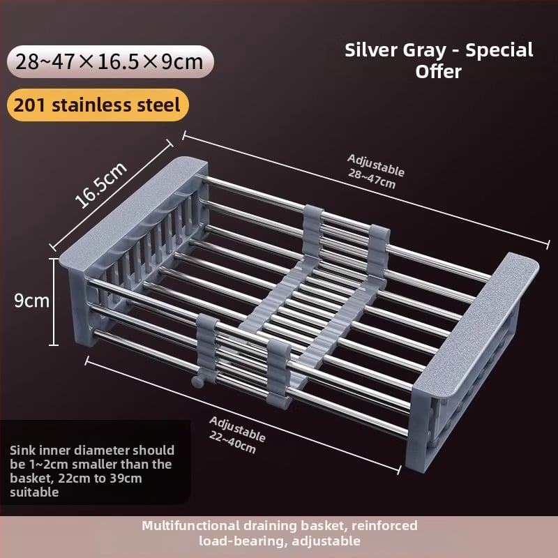 Raft extensibil pentru scurgerea chiuvetei | 304 oțel inoxidabil | uz universal | coș de drenaj multifuncțional | stil modern minimalist