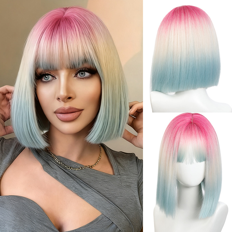 Női paróka, egy méretben, gradient színű szivárvány bob, rövid haj, teljes fejfedés, modell Dm877, magas hőmérsékletű szál, befesthető