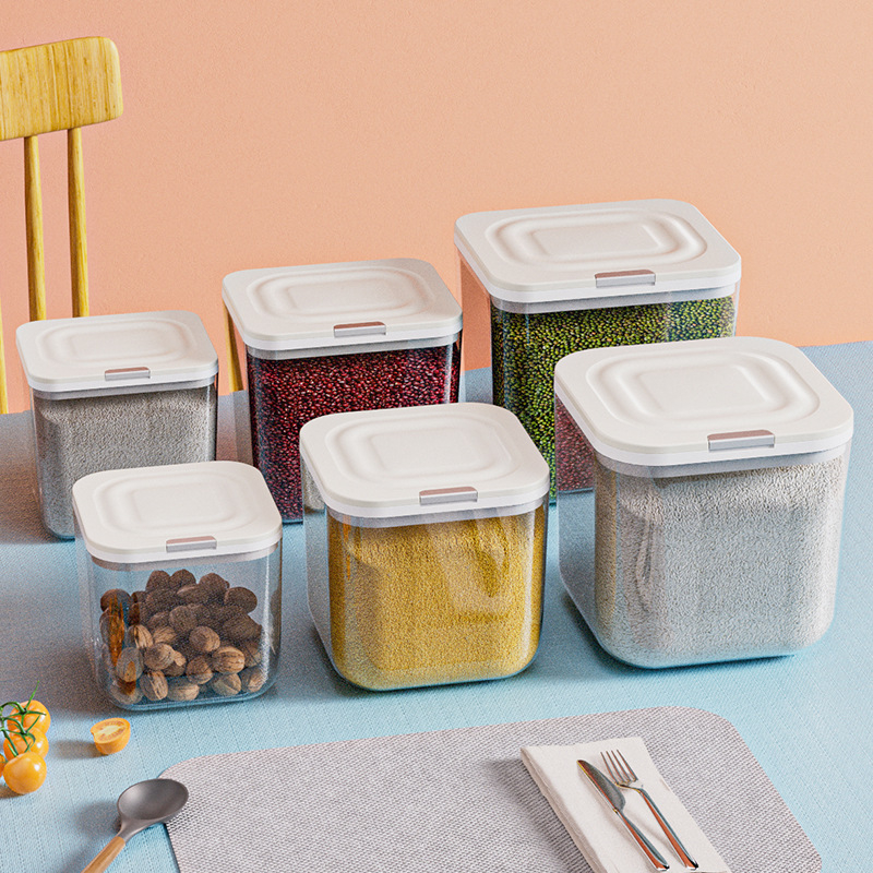 Cutie de depozitare a orezului cu etanșare, rezistență la umezeală și insecte; material PP+PET; capacitate 4–5 L; stil modern minimalist