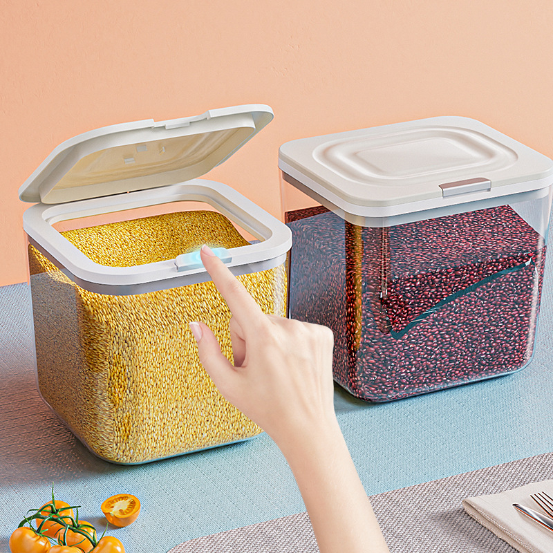 Cutie de depozitare a orezului cu etanșare, rezistență la umezeală și insecte; material PP+PET; capacitate 4–5 L; stil modern minimalist