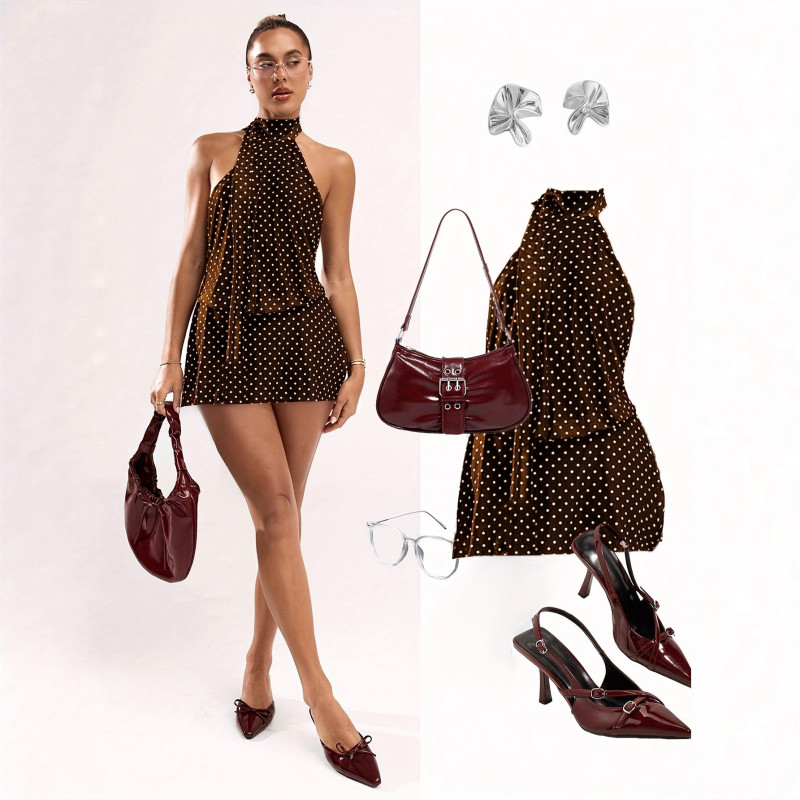 Rochie halter cu buline, din bumbac-poliester, fermoar, fără mâneci, lungime medie