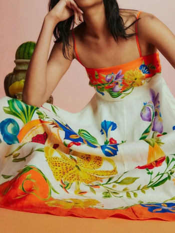 Rochie lungă de vară cu imprimeu floral digital, din poliester-elastan, fără mâneci, cu bretele, talie înaltă