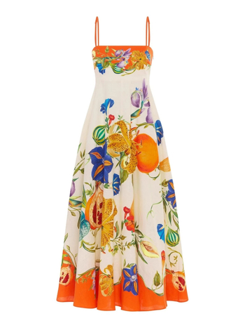 Rochie lungă de vară cu imprimeu floral digital, din poliester-elastan, fără mâneci, cu bretele, talie înaltă