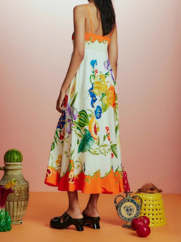 Rochie lungă de vară cu imprimeu floral digital, din poliester-elastan, fără mâneci, cu bretele, talie înaltă