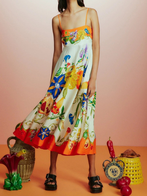 Rochie lungă de vară cu imprimeu floral digital, din poliester-elastan, fără mâneci, cu bretele, talie înaltă