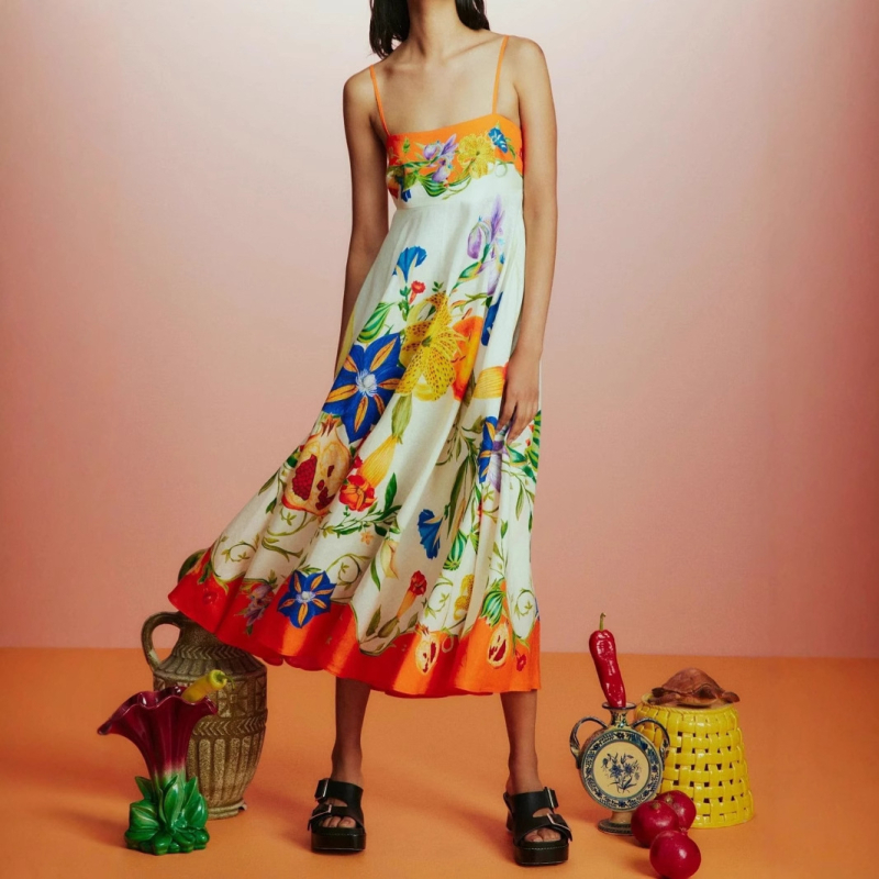 Rochie lungă de vară cu imprimeu floral digital, din poliester-elastan, fără mâneci, cu bretele, talie înaltă