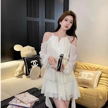 rochie cu guler halter, talie înaltă, mâneci 3/4, poliester, model 3D