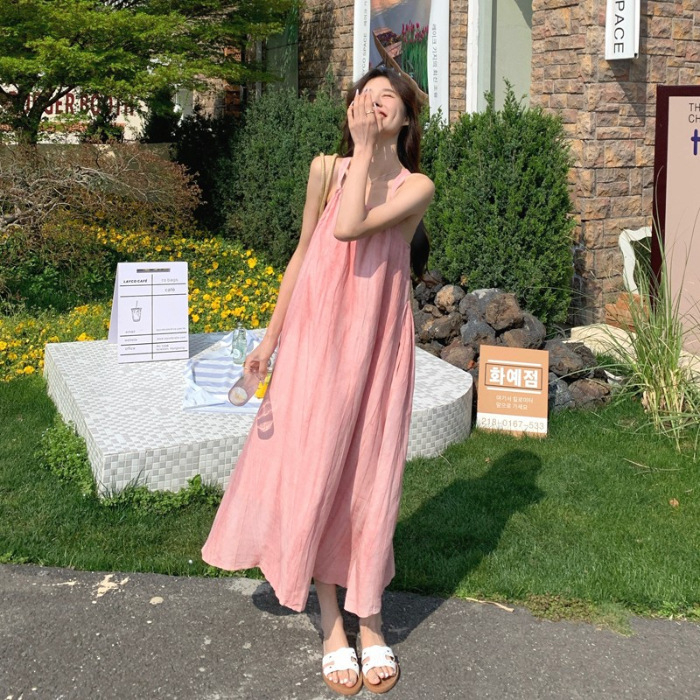 Rochie lungă cu bretele pentru femei – vară, vacanță la plajă, croială A-line, talie înaltă, poliester, model uni