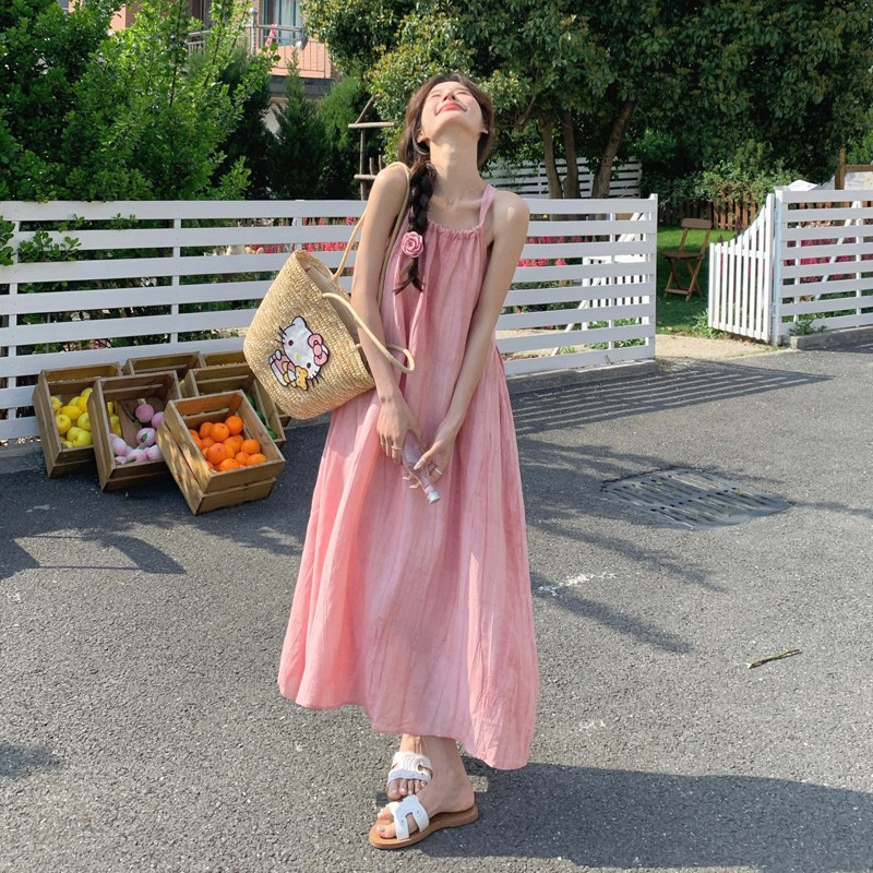 Rochie lungă cu bretele pentru femei – vară, vacanță la plajă, croială A-line, talie înaltă, poliester, model uni