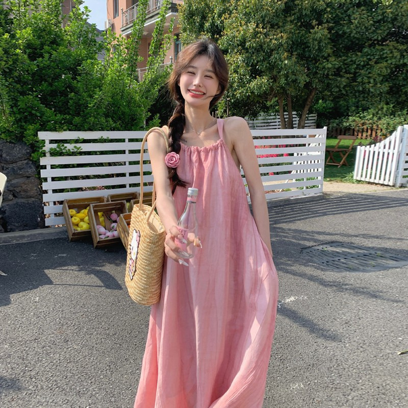 Rochie lungă cu bretele pentru femei – vară, vacanță la plajă, croială A-line, talie înaltă, poliester, model uni