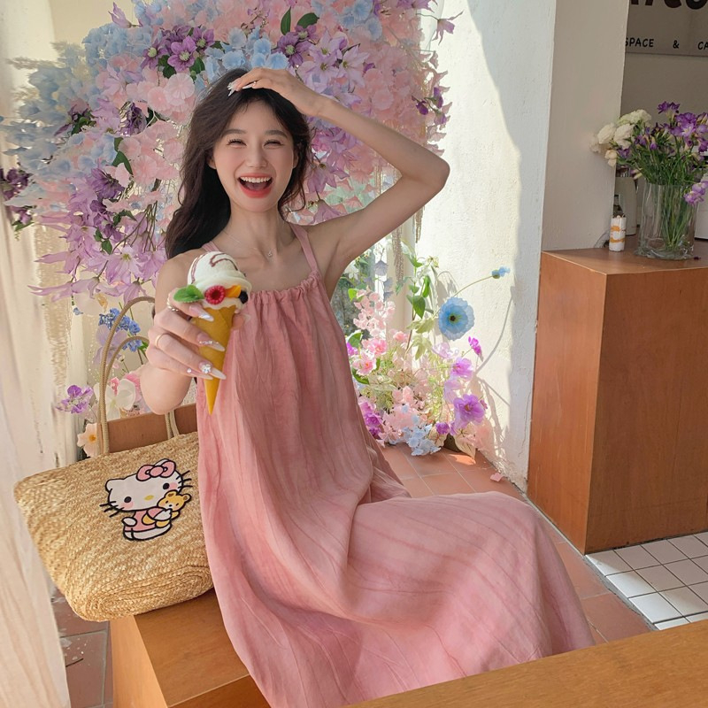 Rochie lungă cu bretele pentru femei – vară, vacanță la plajă, croială A-line, talie înaltă, poliester, model uni