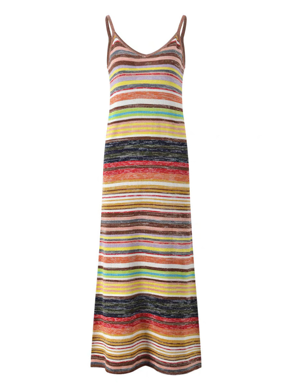 Rochie sling din ice silk, model cu dungi, decolteu în V, fără mâneci