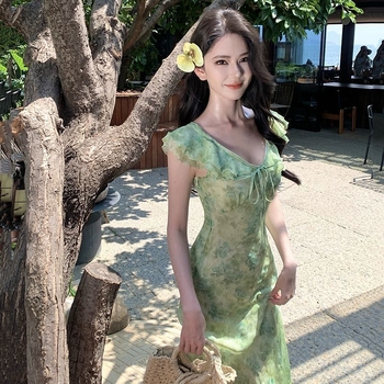 Rochie în linie A, decolteu în V, mâneci Feifei, poliester