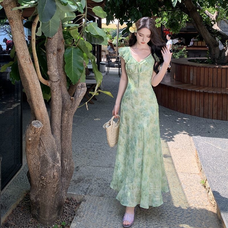 Rochie în linie A, decolteu în V, mâneci Feifei, poliester