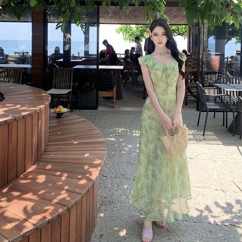 Rochie în linie A, decolteu în V, mâneci Feifei, poliester