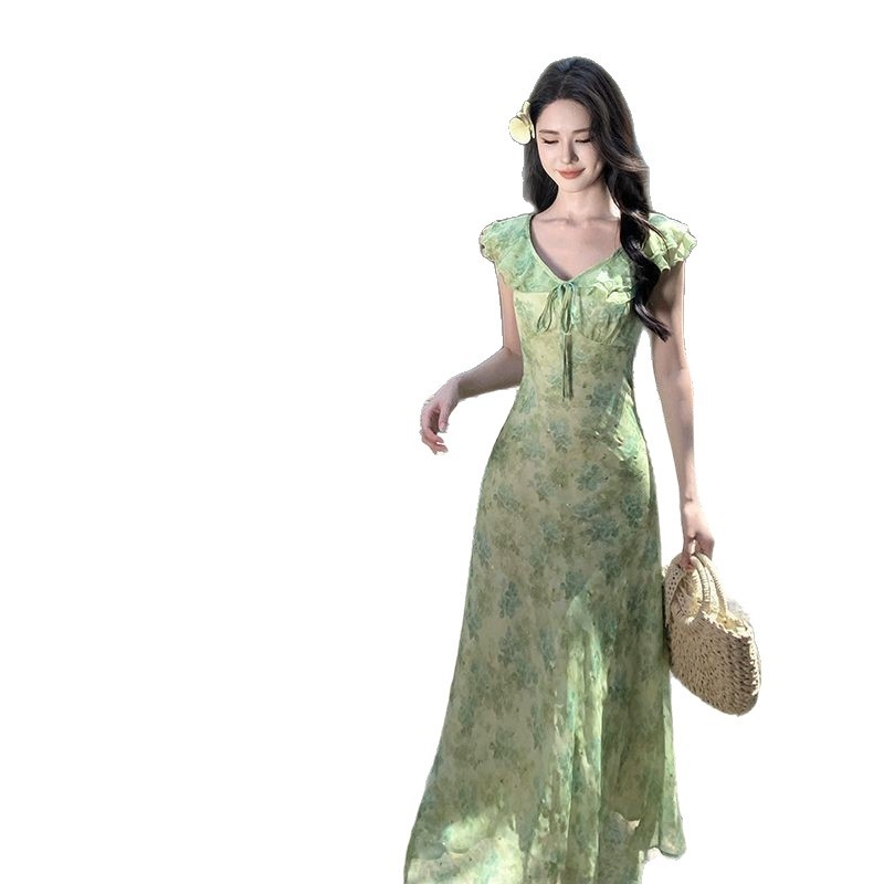 Rochie în linie A, decolteu în V, mâneci Feifei, poliester