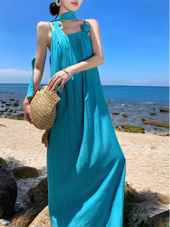 Rochie până la gleznă, fără mâneci, stil bretele, talie înaltă, poliester