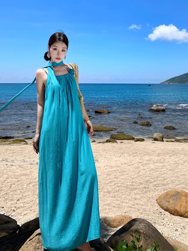 Rochie până la gleznă, fără mâneci, stil bretele, talie înaltă, poliester