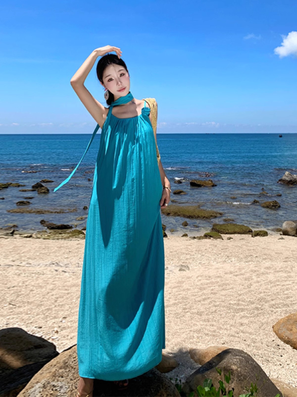 Rochie până la gleznă, fără mâneci, stil bretele, talie înaltă, poliester