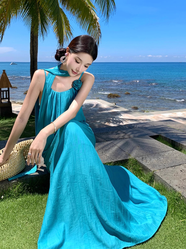 Rochie până la gleznă, fără mâneci, stil bretele, talie înaltă, poliester