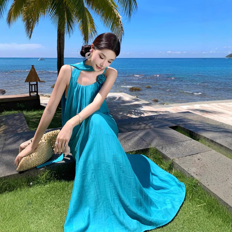 Rochie până la gleznă, fără mâneci, stil bretele, talie înaltă, poliester