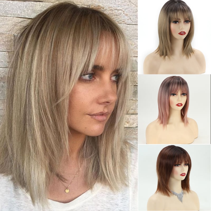 Beimei perucă scurtă dreaptă pentru femei, fibră sintetică rezistentă la temperaturi, breton drept, model 21909