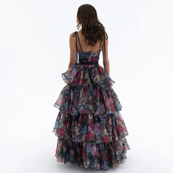 Set două piese: Top tube imprimat floral și Cake Skirt, fără mâneci, talie medie, fermoar, țesătură poliester-amestec