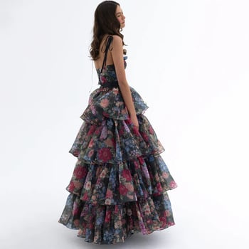 Set două piese: Top tube imprimat floral și Cake Skirt, fără mâneci, talie medie, fermoar, țesătură poliester-amestec