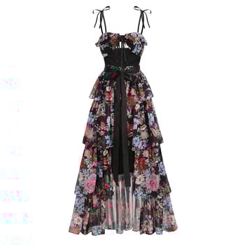 Set două piese: Top tube imprimat floral și Cake Skirt, fără mâneci, talie medie, fermoar, țesătură poliester-amestec