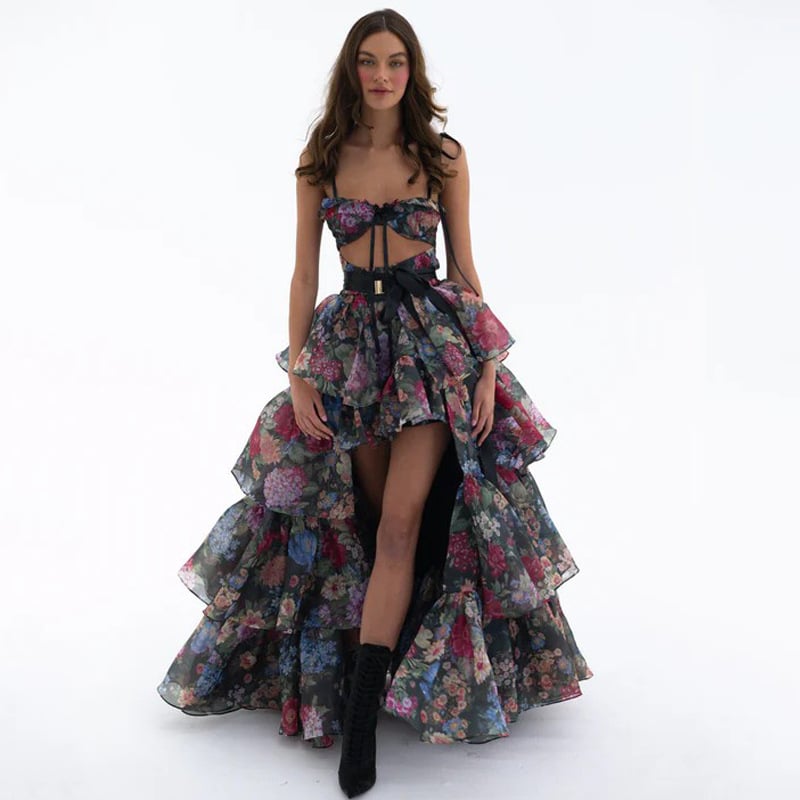 Set două piese: Top tube imprimat floral și Cake Skirt, fără mâneci, talie medie, fermoar, țesătură poliester-amestec