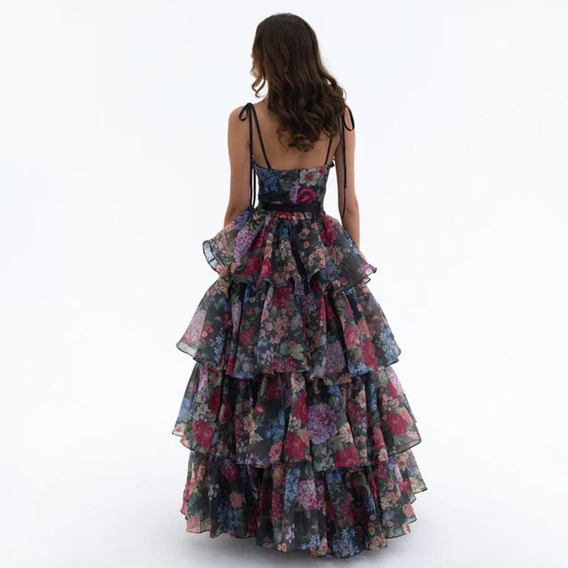 Set două piese: Top tube imprimat floral și Cake Skirt, fără mâneci, talie medie, fermoar, țesătură poliester-amestec