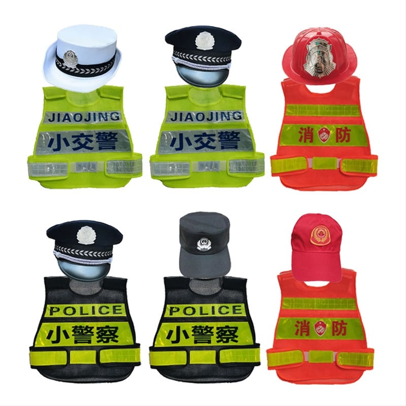 Dječji policijski kostim s kapom i prslukom, kamuflažni uzorak – unisex za scensku upotrebu (Materijal: 98% poliester; Sigurnosna razina: Klasa A; Godina lansiranja: proljeće 2021; Prikladno za dob: 8+)