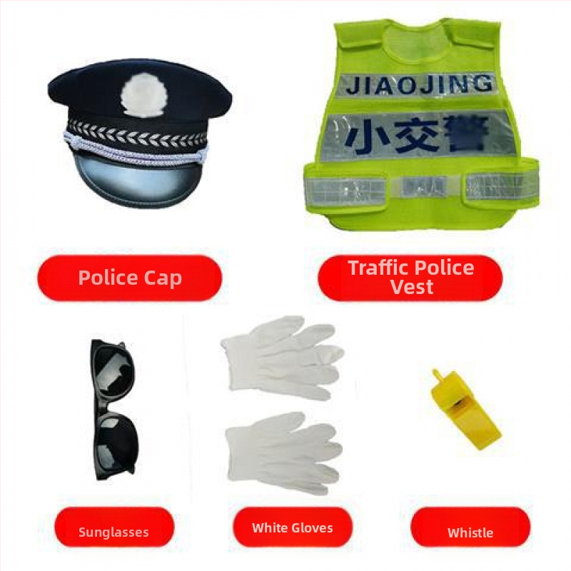 Dječji policijski kostim s kapom i prslukom, kamuflažni uzorak – unisex za scensku upotrebu (Materijal: 98% poliester; Sigurnosna razina: Klasa A; Godina lansiranja: proljeće 2021; Prikladno za dob: 8+)