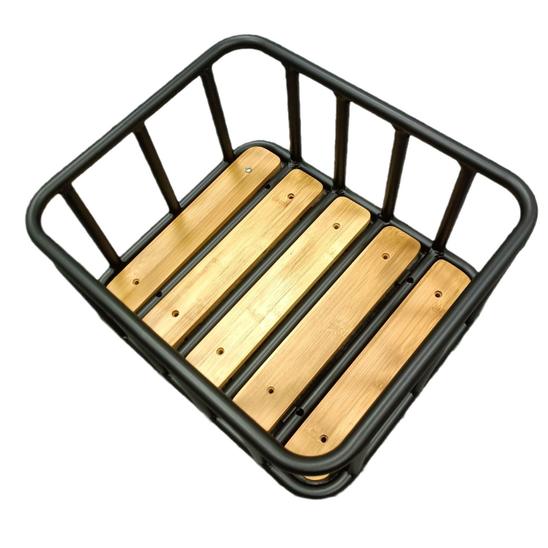 Coș frontal pentru bicicletă, cu cadru din fier și placă de bambus, dimensiuni 35×30×17 cm, personalizabil
