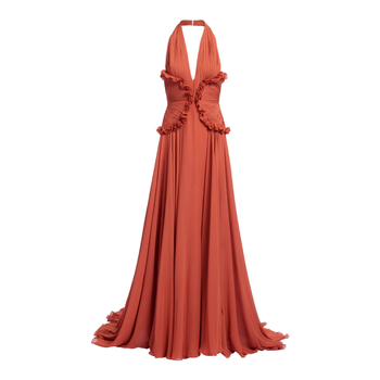 Halter-neck haljina, duga suknja, jednobojna, poliester, srednji struk