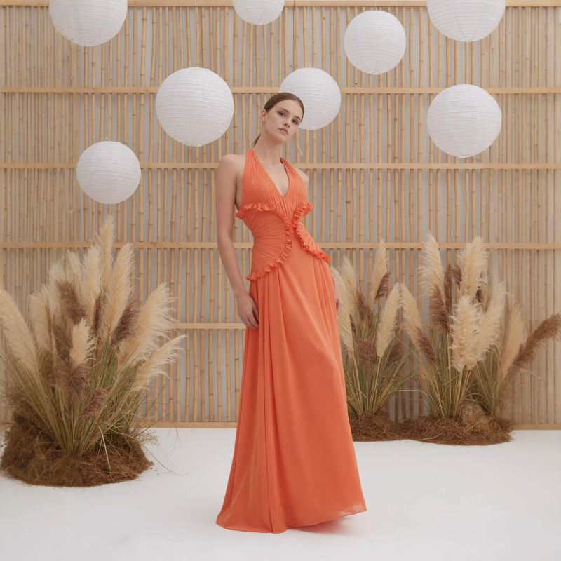 Halter-neck haljina, duga suknja, jednobojna, poliester, srednji struk