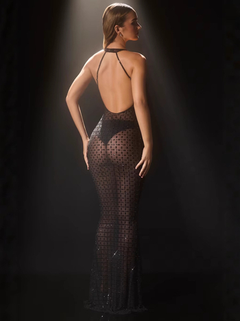 Halter haljina s rhinestones, dugačak, sirena silueta, elastični poliester s spandexom, jednofarbna