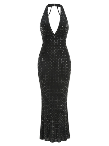 Halter haljina s rhinestones, dugačak, sirena silueta, elastični poliester s spandexom, jednofarbna