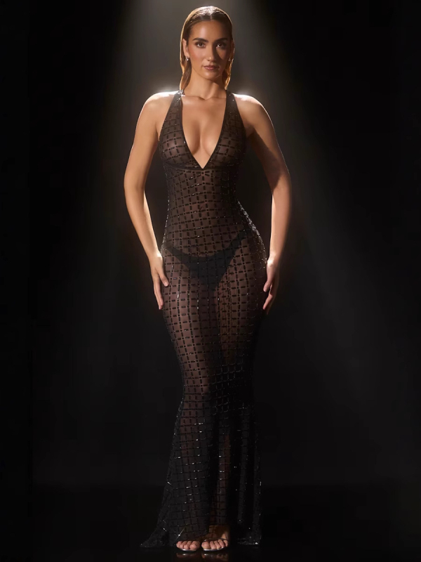 Halter haljina s rhinestones, dugačak, sirena silueta, elastični poliester s spandexom, jednofarbna