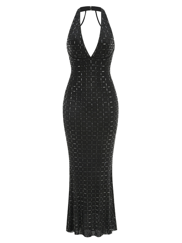 Halter haljina s rhinestones, dugačak, sirena silueta, elastični poliester s spandexom, jednofarbna