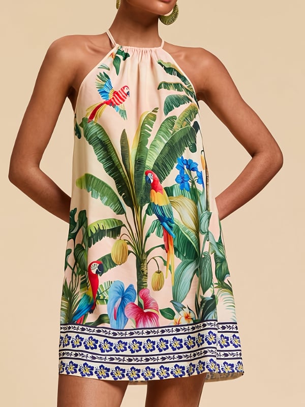 Ženska haljina bez rukava s halter vratom, tropskim cvjetnim uzorkom, boho stil, poliester materijal