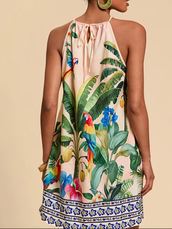 Ženska haljina bez rukava s halter vratom, tropskim cvjetnim uzorkom, boho stil, poliester materijal