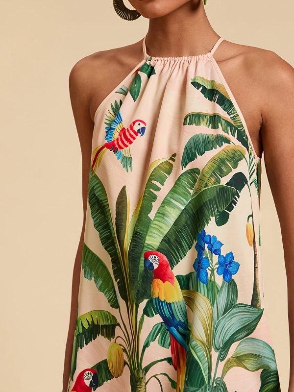 Ženska haljina bez rukava s halter vratom, tropskim cvjetnim uzorkom, boho stil, poliester materijal